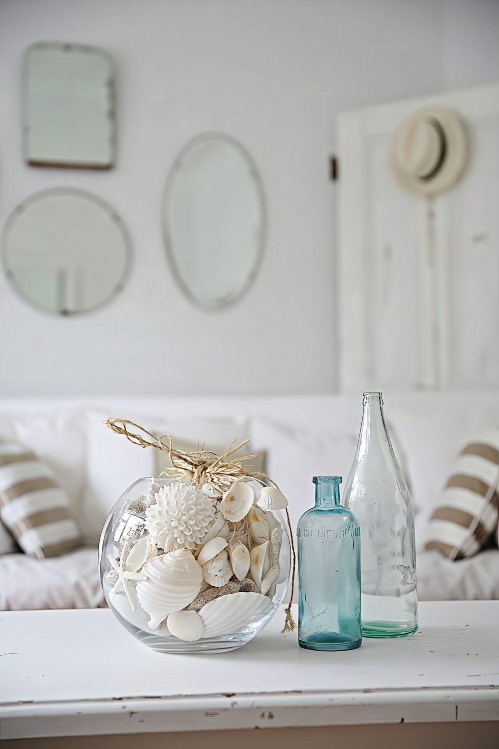 A round jar filled with starfish and seashells plus some bottles for decorating a whitewashed beach and coastal space.