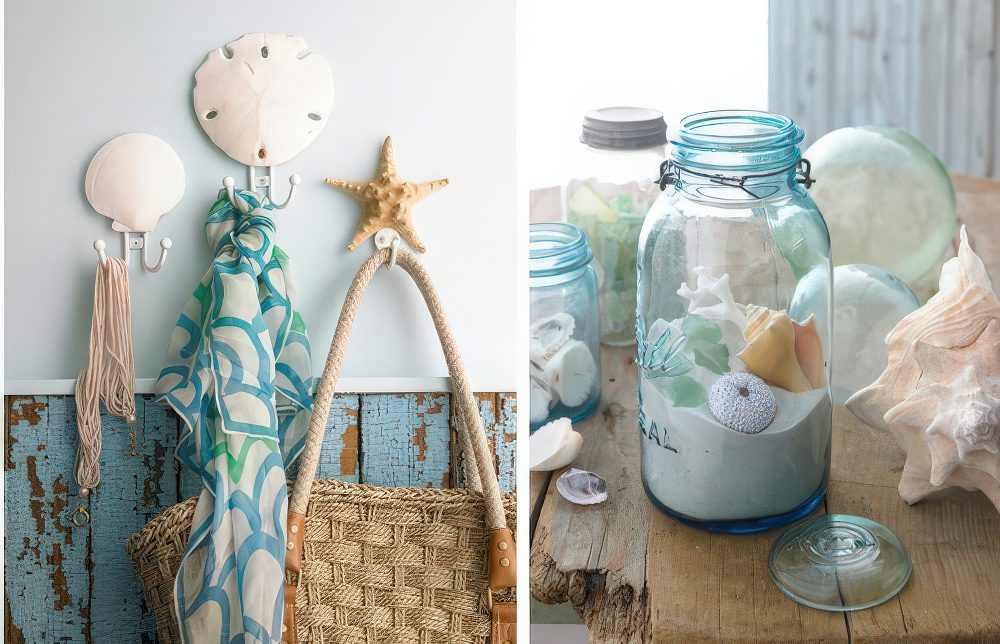 Seashell hooks on the wall and a jar with sand and seashells to give a coastal or beach feel to the space.