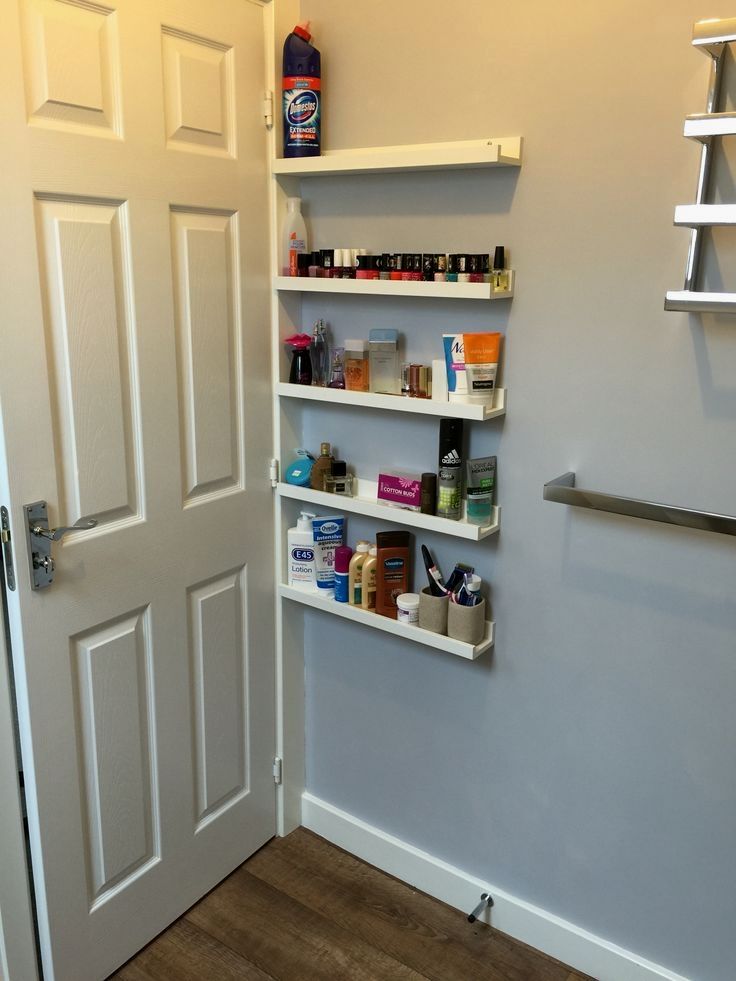 Ledges behind the wall are great to store makeup and care without wasting any shelf space.