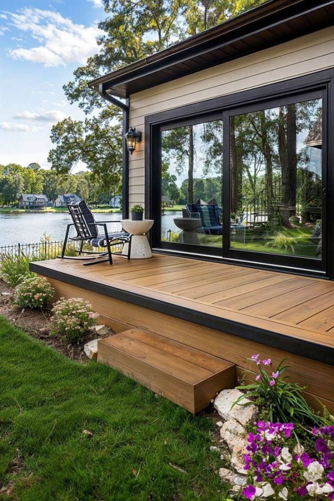 This skinny yet long deck is perfect to enjoy the views of the river, which is behind the fence.