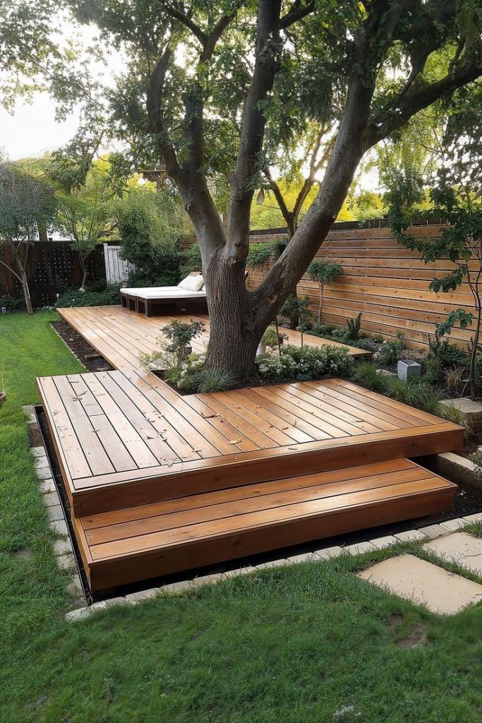 The raised deck includes a living tree and greenery, a couple of daybeds and adds to the contemporary style of the garden.