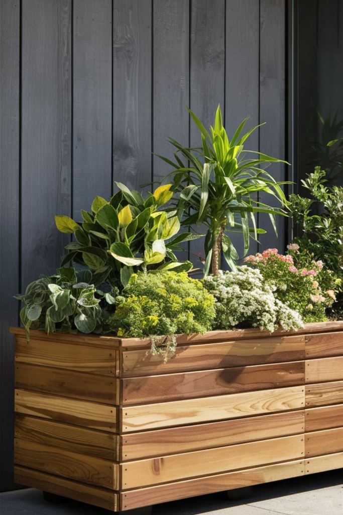 This narrow long stained planter features a whole arrangement of greenery and flowers.