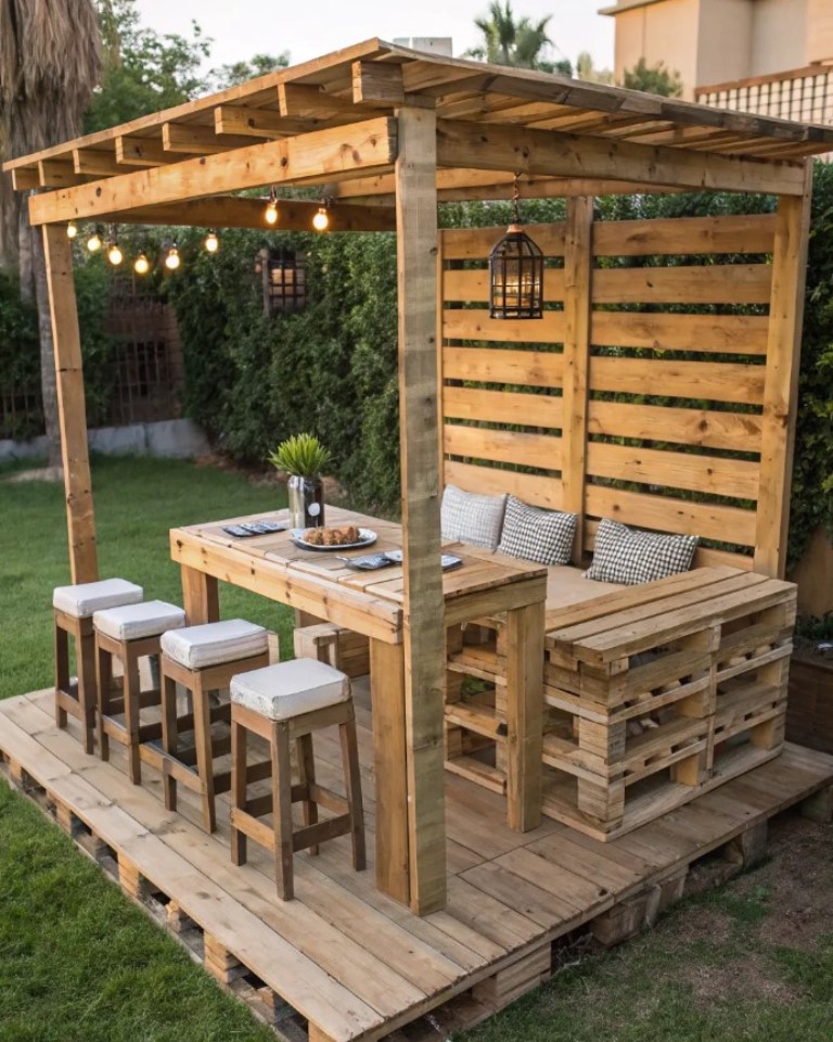 Build an outdoor dining space completely of pallets: it will save a lot of money and you will get a covered meal zone.