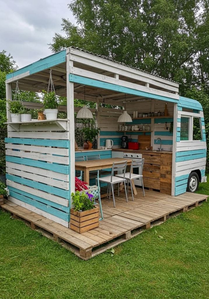 I love the idea of this outdoor kitchen and dining space: it seems to be a truck. Blue and white, blooms and lots of wood make the space cute and welcoming.