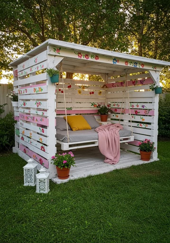 The pallet arbor is painted to make it look cooler, and the daybed is a swing to make sleep dreamier.