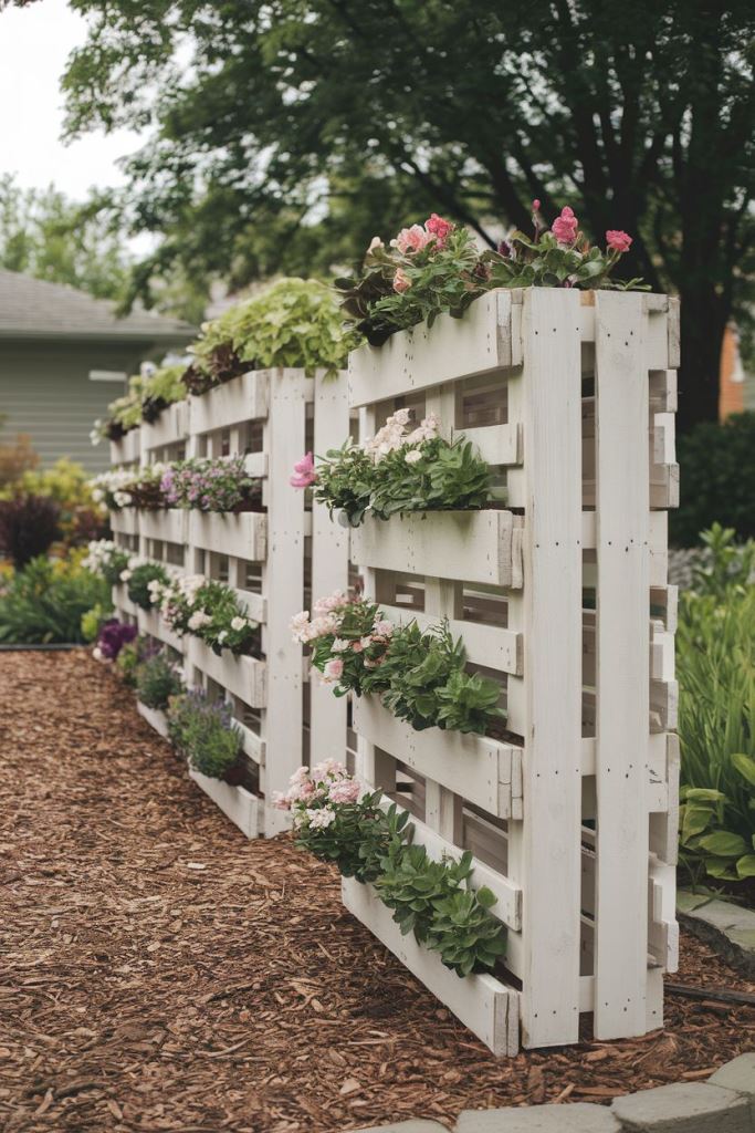 These tall pallet gardens with blooms double as space dividers.