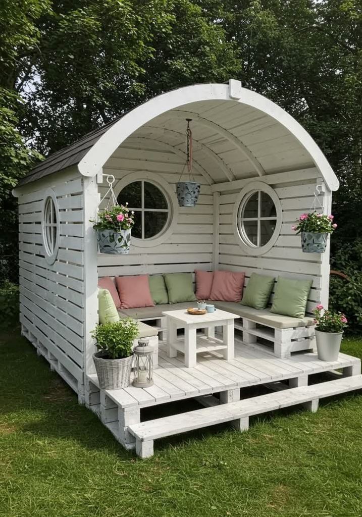 This pergola is inspired by ships as there are round windows. The arched roof adds interest to the space.