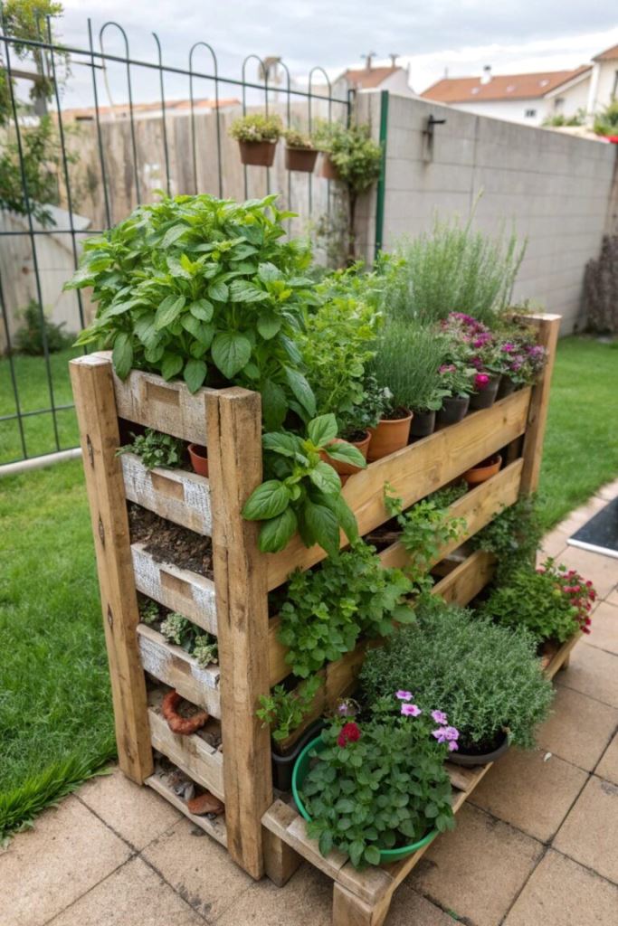 This planter stand is made of palelts, and it features lots of blooms and herbs, a nice idea for a small nook.