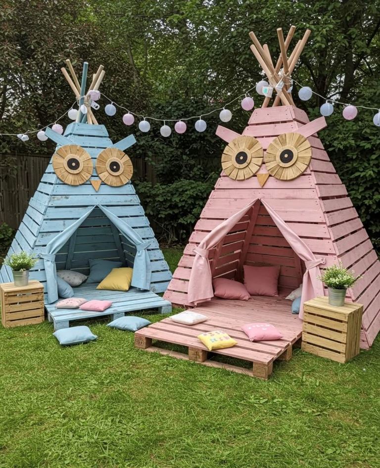 Pastel pallet teepees inspired by owls will make your children excited.