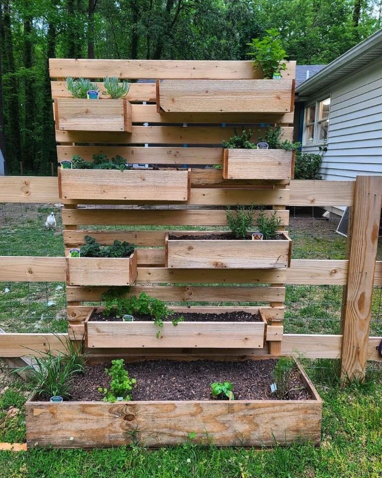 The stained pallet is attached to the fence and there are wooden planters on it. On the ground there's an additional small garden bed.