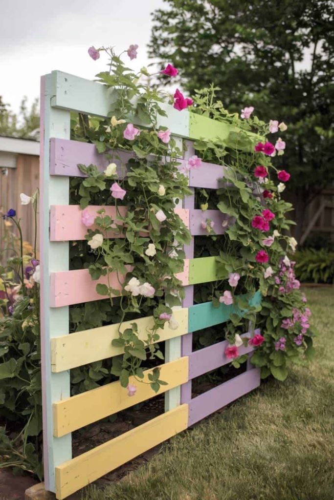 This pastel pallet features bright blooming vines and it can be rocked to separate zones in the garden.