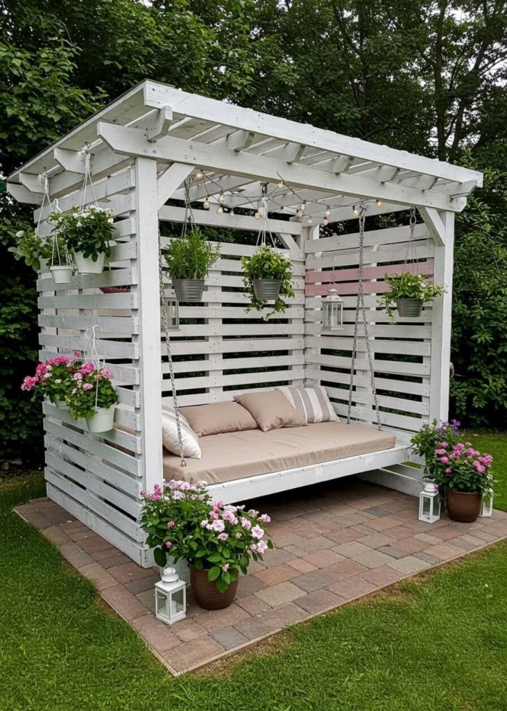 The stylish white pergola is done with a swing daybed and lots of plants hanging over it.