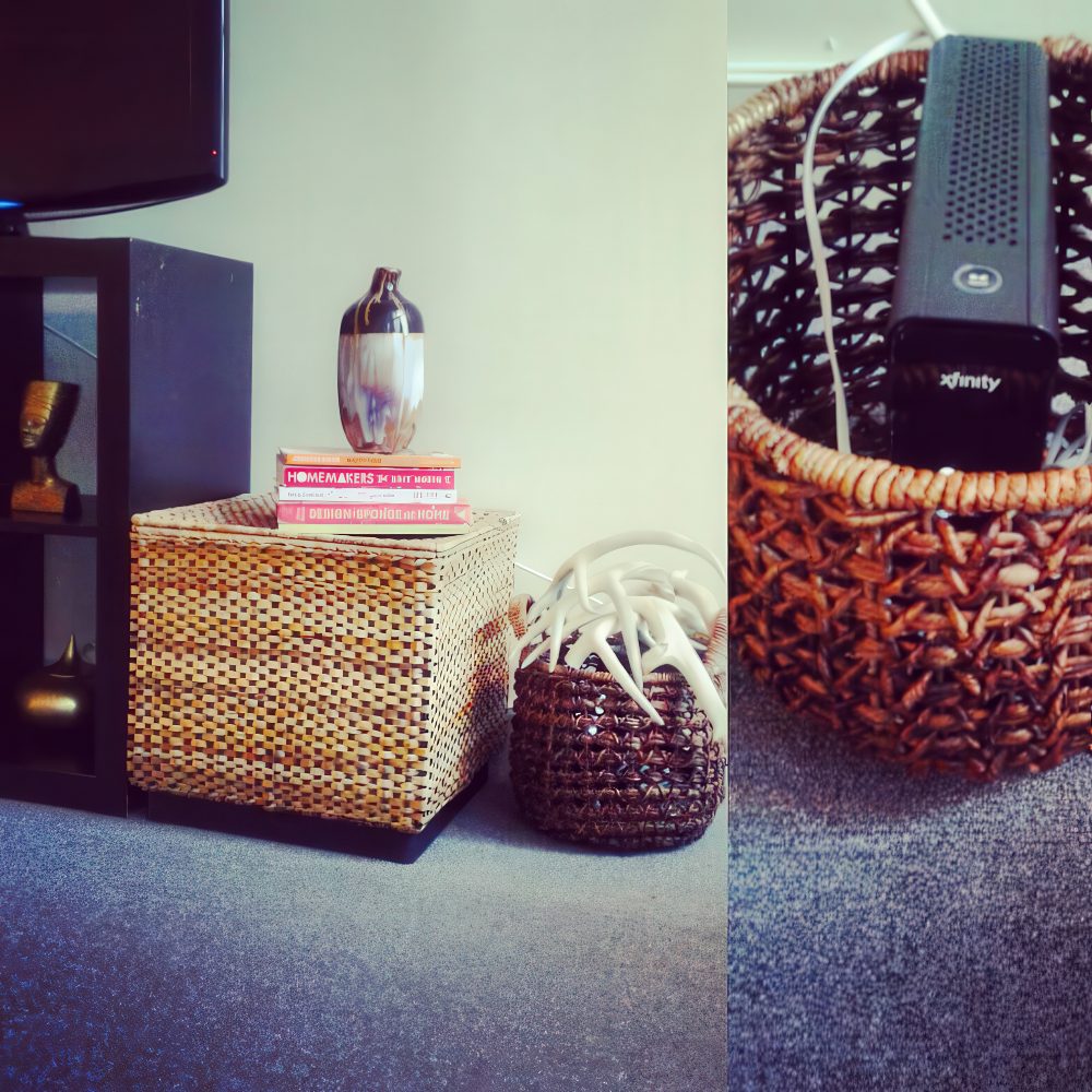 A clever way to tuck your modem away—just drop it into a woven basket and let the texture do the hiding. Easy, breezy, and no more cable chaos.

(@the_sustainable_style_studio).