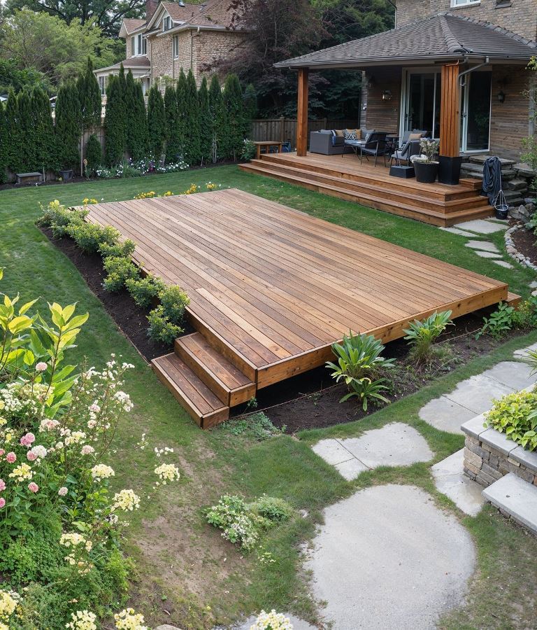 This raised free-standing deck will be a lovely outdoor dining space.