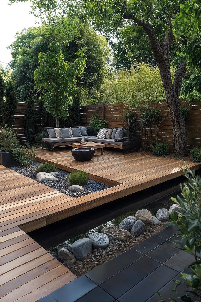 This beautiful contemporary garden shows off a water feature, rocks, greenery and trees and a deck with a comfortable sitting zone.