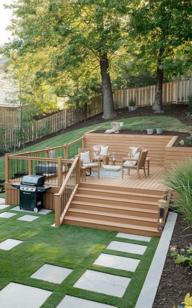 The stained raised deck with built-in plants is a smart solution for the steep location.