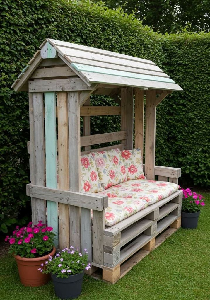 This simple reclaimed pallet arbor is done with floral cushions, and bright blooms around echo with them.