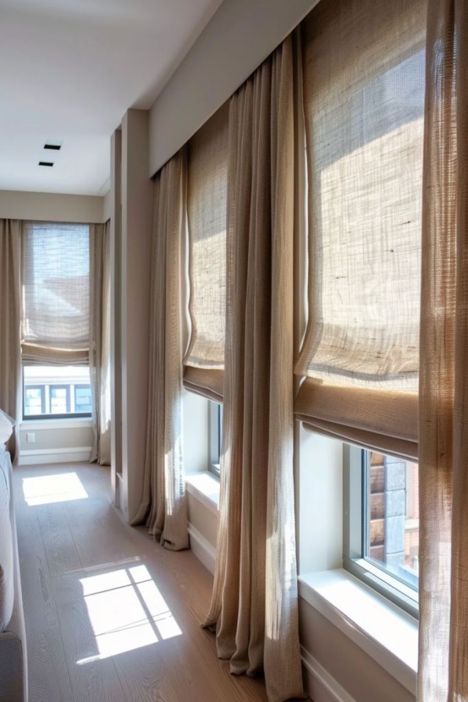 The textural semi-sheer shades and curtains bring light in and add texture to the decor of the space.