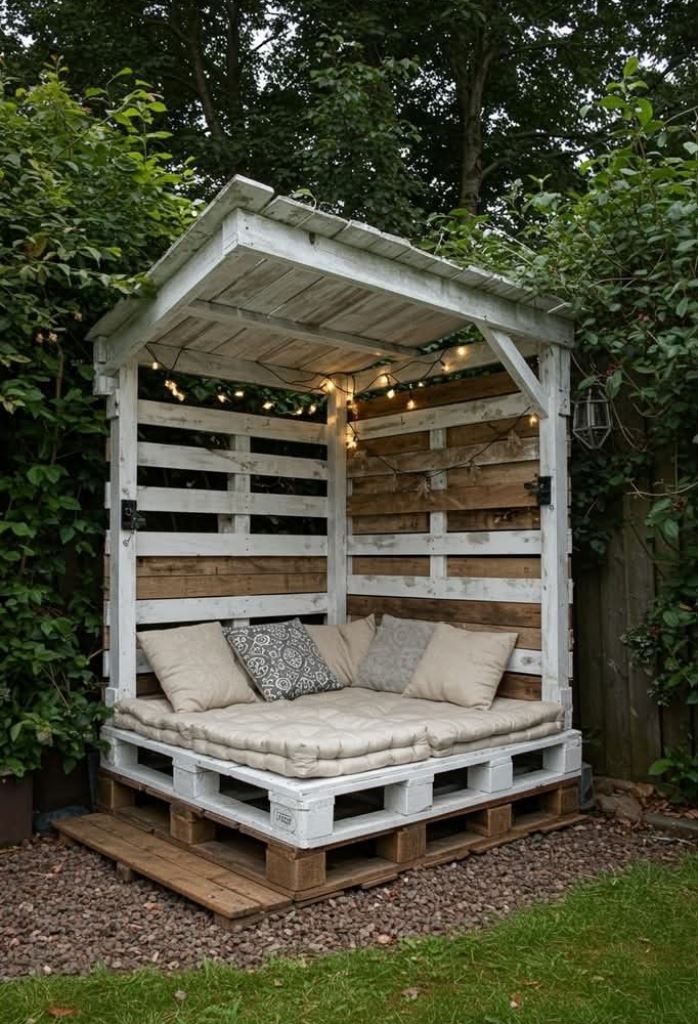This corner arbor is a lovely daybed with lights over it, and such a spot is extremely cozy for sleeping.