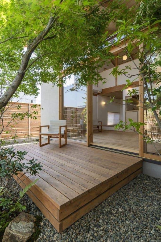 This is just a small raised deck in the backyard, and it creates a peaceful spot for relaxation.