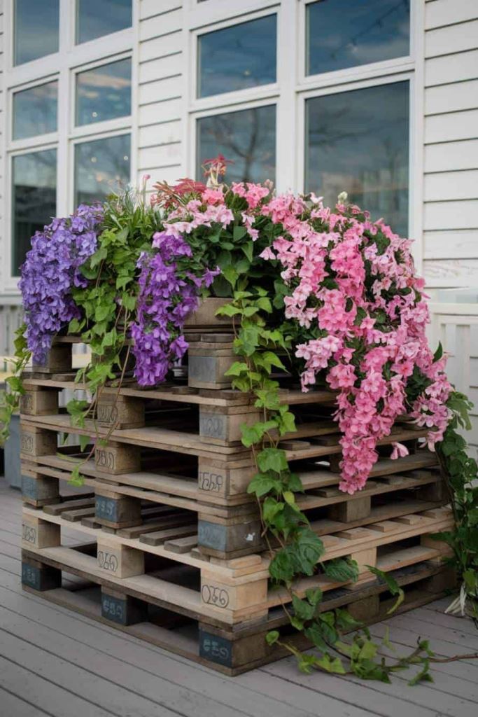 This stacked pallet garden shows off super bold blooms, it's a creative way to style a backyard.