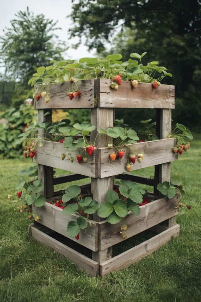 This tiered strawberry garden is built of pallets, which is a smart way to save some money.
