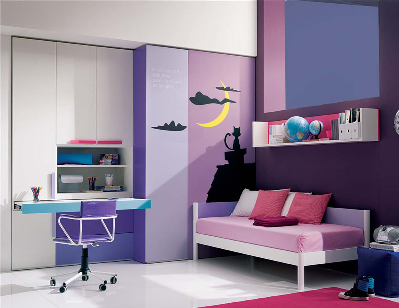 A bright teen girl's room done in bold berry shades like violet, purple and fuchsia, with touches of white, with modern built-in furniture and space-saving solutions.