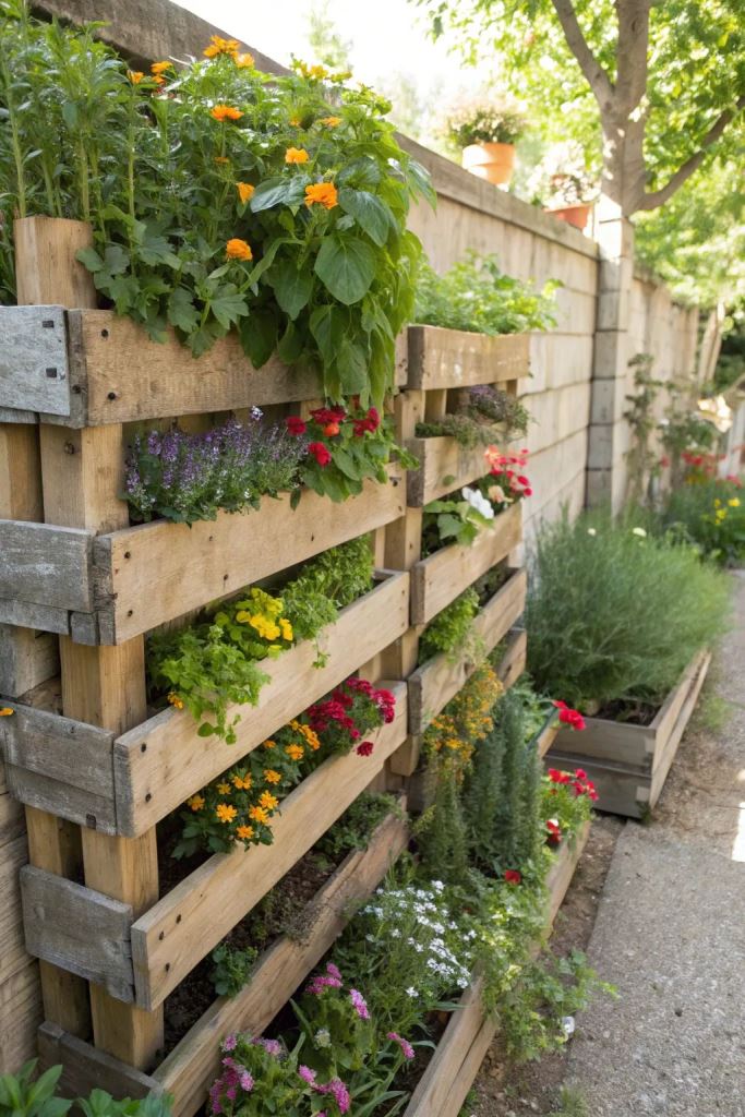 These vertical pallets are gardens with bright flowers, you can attach them at the wall or hang right on it. 

(via casolia).