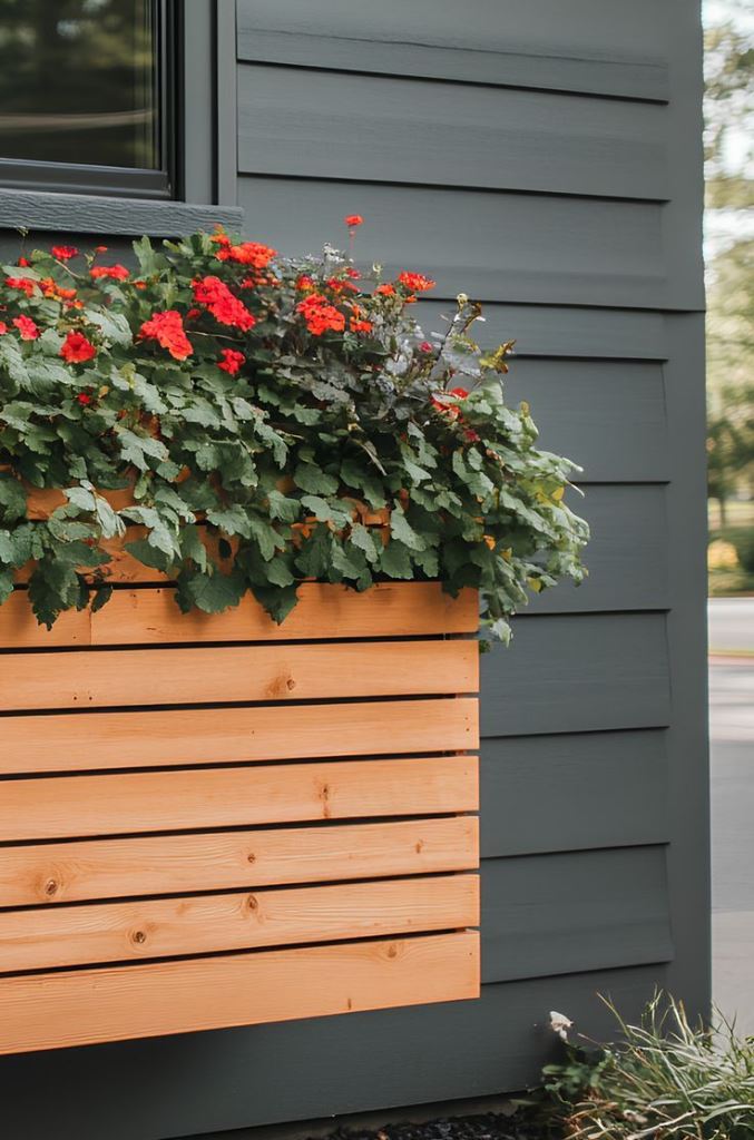 The stained slatted window box looks modern and contrasts the dark facade that is still slatted, too.
