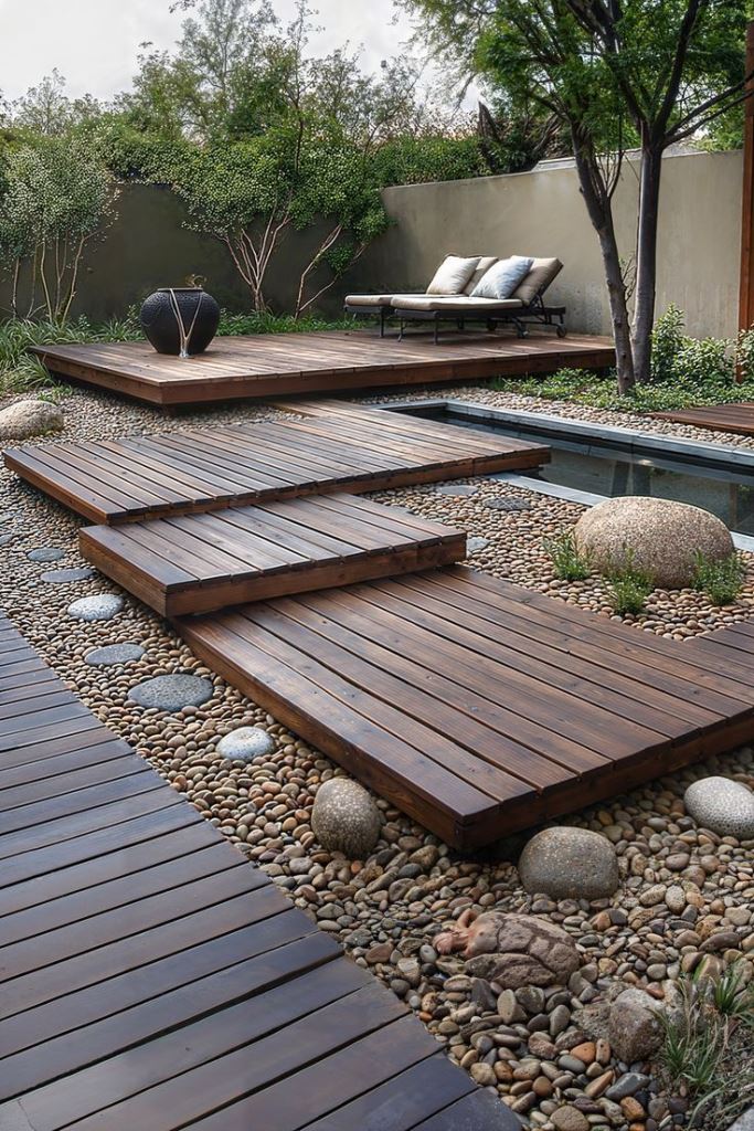 The steps lead to the plunge pool and a raised deck with loungers where the owners can rest.